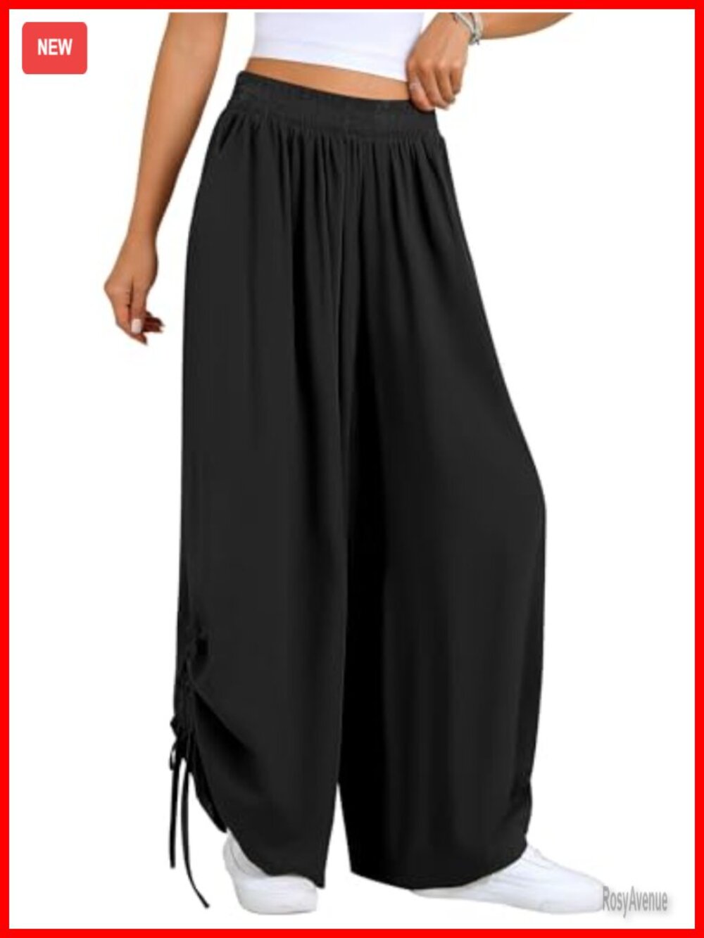 Women's Pleated High Waist Wide Leg Palazzo Pants Side Drawstring Trousers
